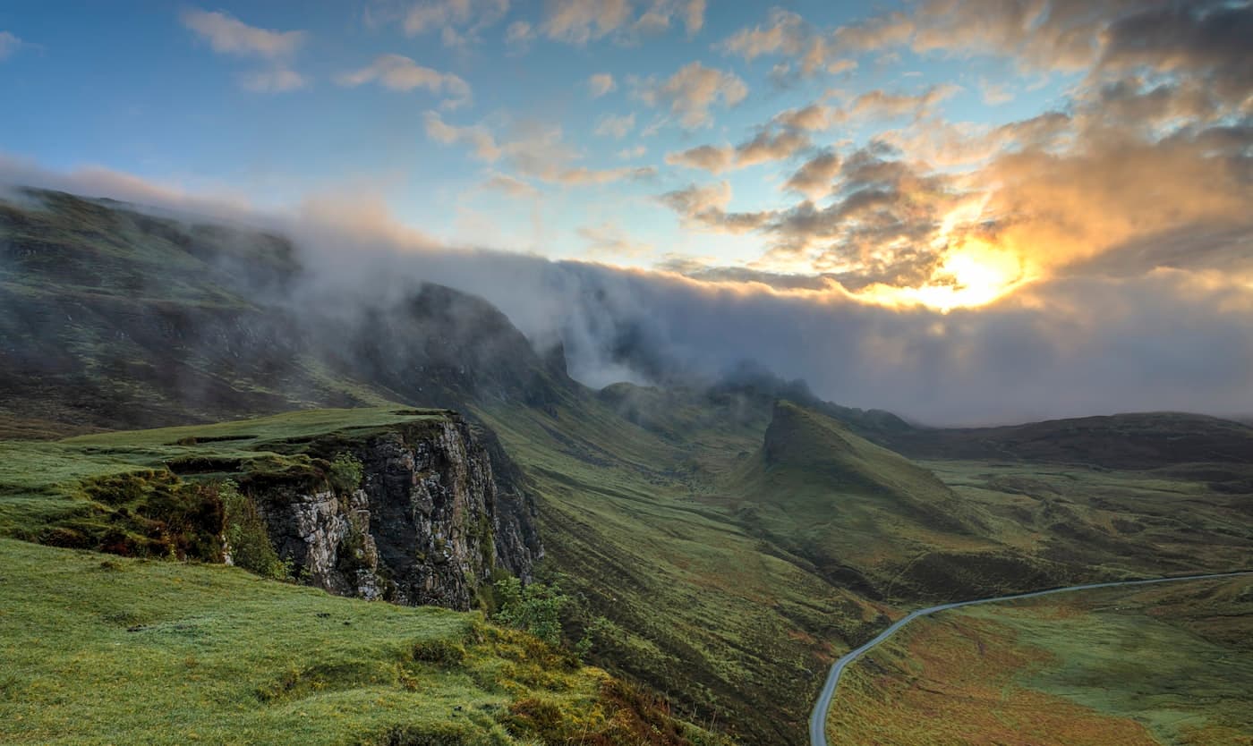 Misty forest and hills — clean energy landscape